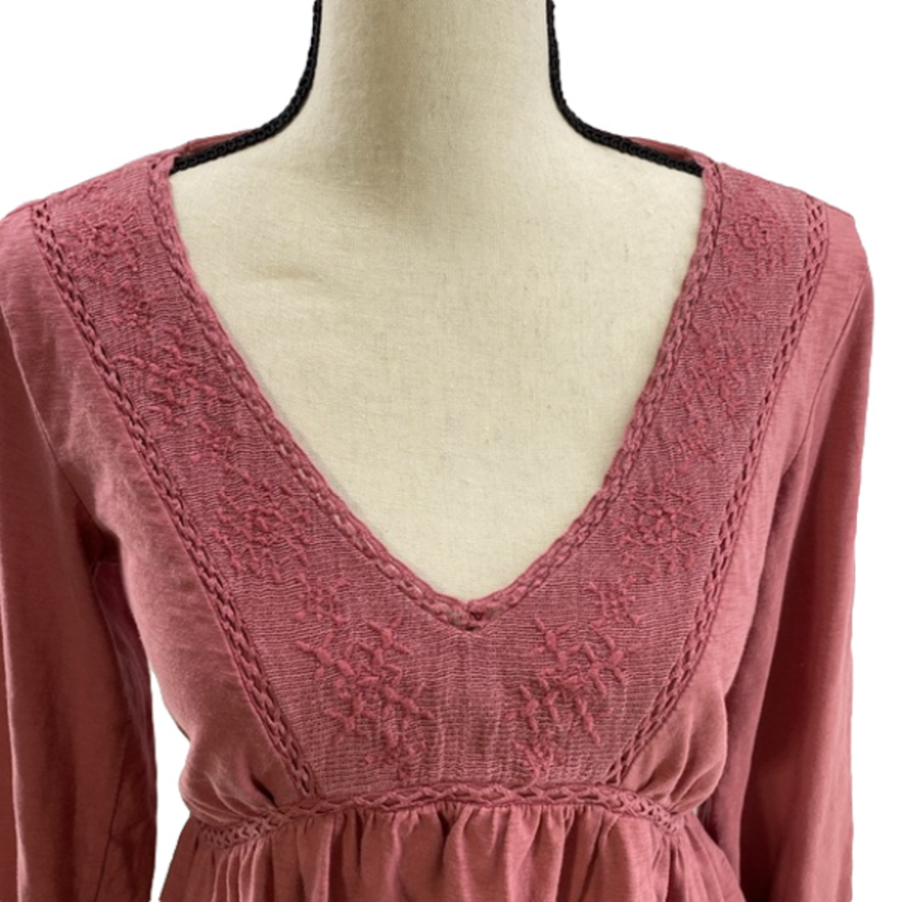 SO Women’s Peplum Blouse Pink Embroidered Lace V-Neck Empire Waist 3/4 Sleeves—S - Picture 7 of 13